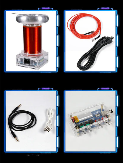 Music Tesla coil driver board with controller, cables, and glowing electrical arcs