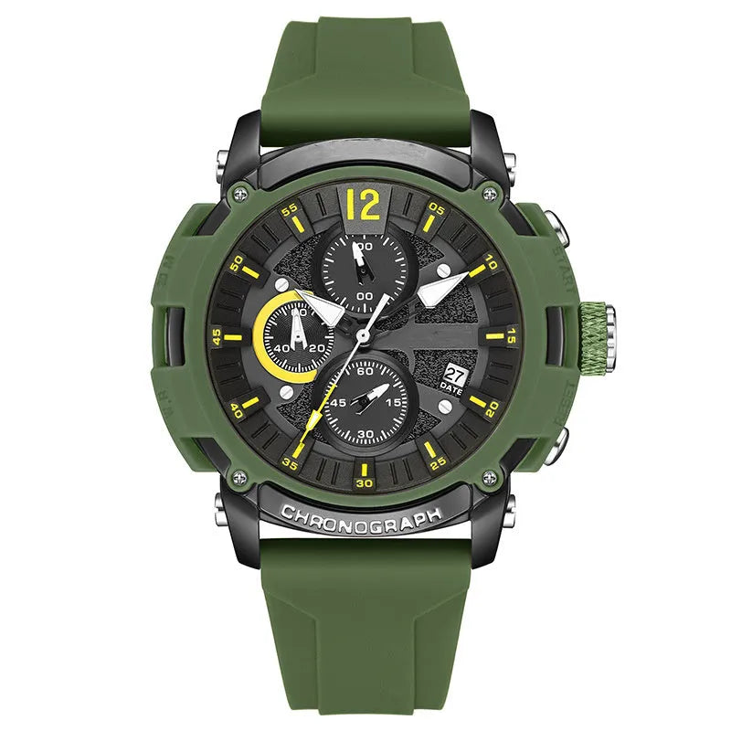 Men's multi-function digital watch with luminous display and calendar on a wrist, showing black colour option.