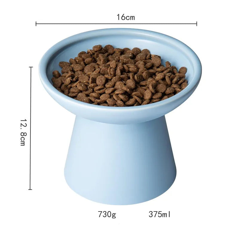 Elevated wide shallow ceramic cat food and water bowl in blue, green, pink, or white colour options.