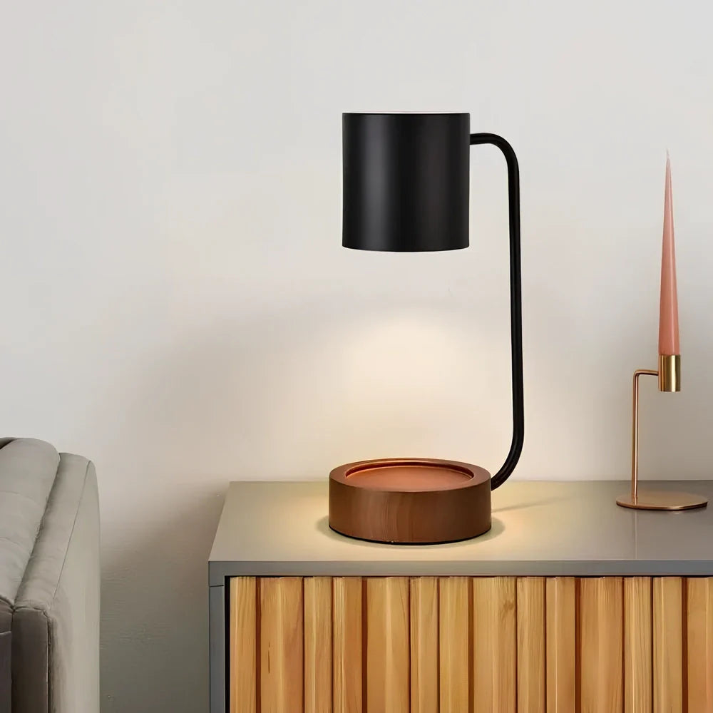 Bedroom aromatherapy lamp with wooden base and dimming control for smokeless wax melting