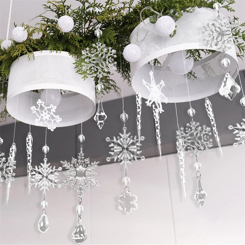 Elegant acrylic icicle ornaments with hanging holes and ribbons, perfect for decorating Christmas trees, fireplaces, and more.