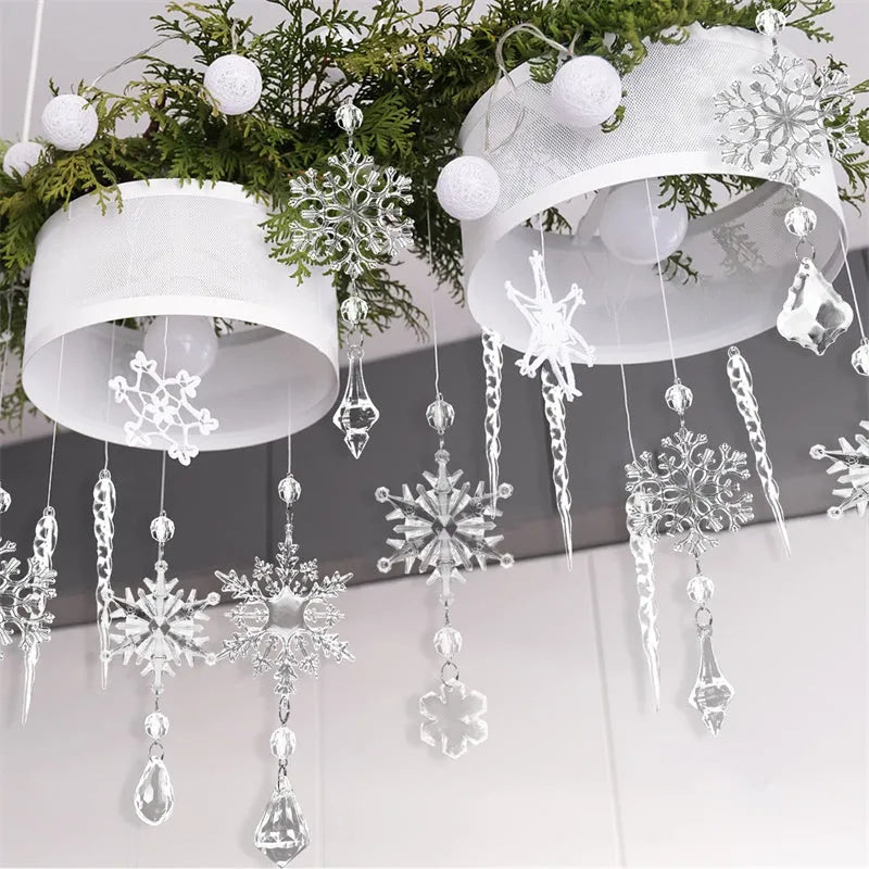 10 clear acrylic ice cone Christmas tree ornaments with hanging ribbons on green branches