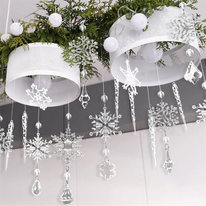 10 clear acrylic ice cone Christmas tree ornaments with hanging ribbons on green branches