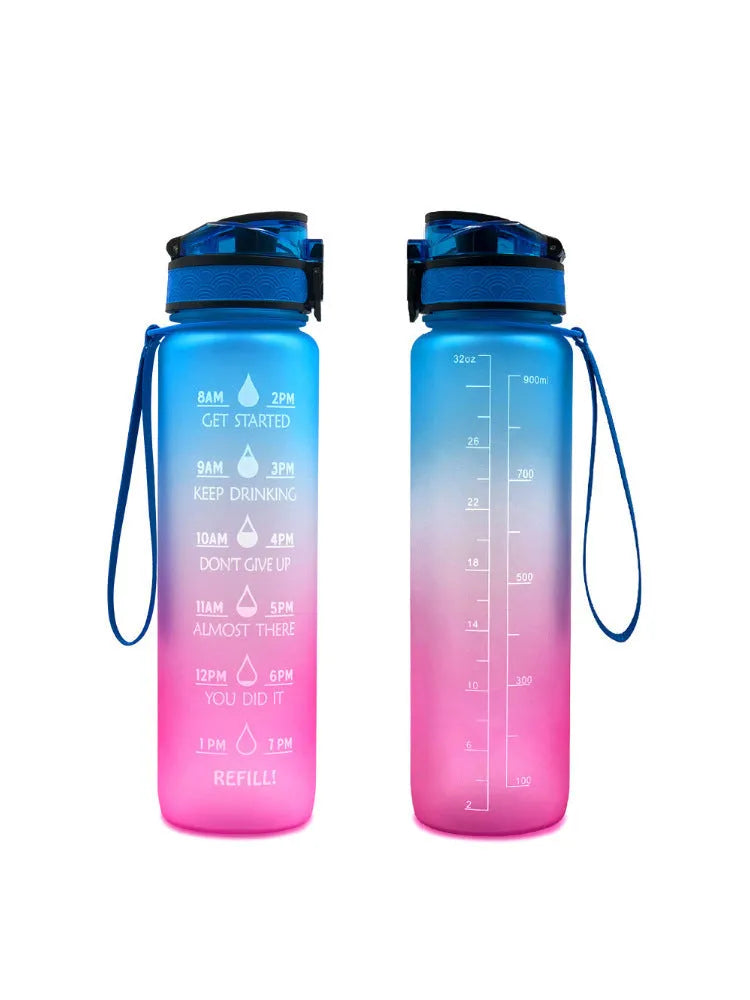 Transparent 1000ml Tritan sports water bottle with infuser on a plain background