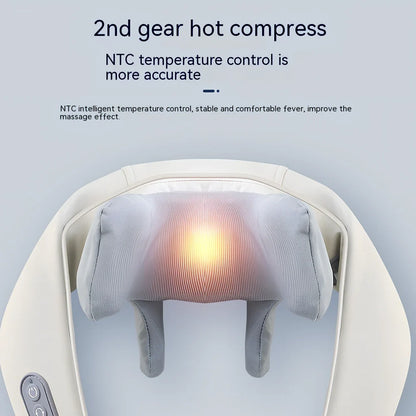 Beige neck massager with 6 vibration caps showing infrared heating function and wireless remote control
