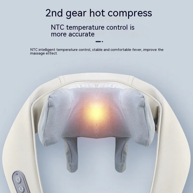 Shoulder and neck massager with hot compress, six vibration caps, three gears, 10 minute timer, PU leather, beige or grey.