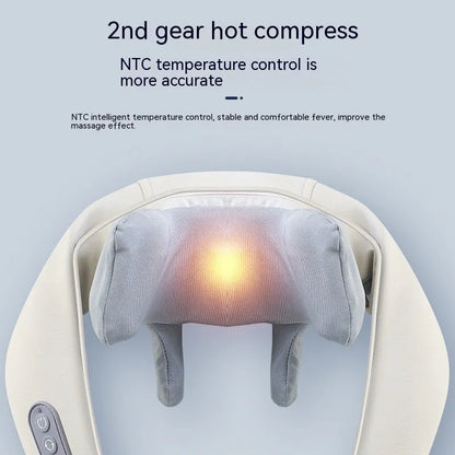 Shoulder and neck massager with hot compress, six vibration caps, three gears, 10 minute timer, PU leather, beige or grey.