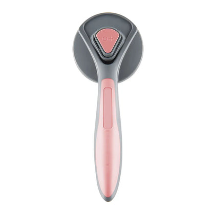 Grey self-cleaning slicker brush for pet grooming with one-click button and massage bristles