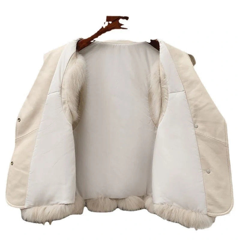 Women's short artificial fur vest in patchwork design, available in milk tea and camel colors