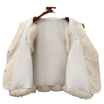 Women's short artificial fur vest in patchwork design, available in milk tea and camel colors