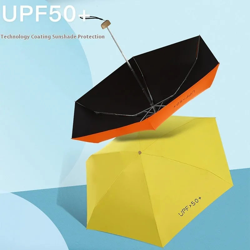 Five-fold pocket sun umbrella open showing 50cm diameter canopy in choice of 11 colours