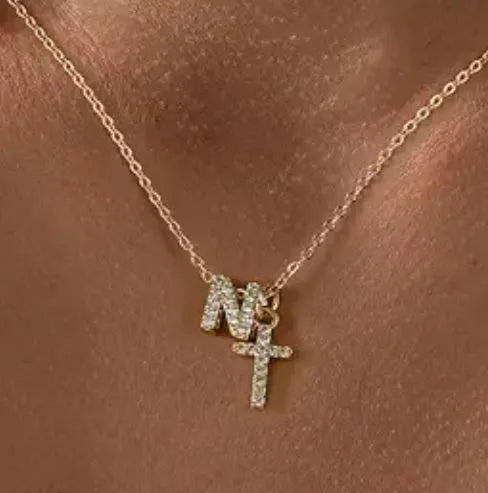A-Z zircon inlaid letter necklace on a copper regular chain with electroplated finish