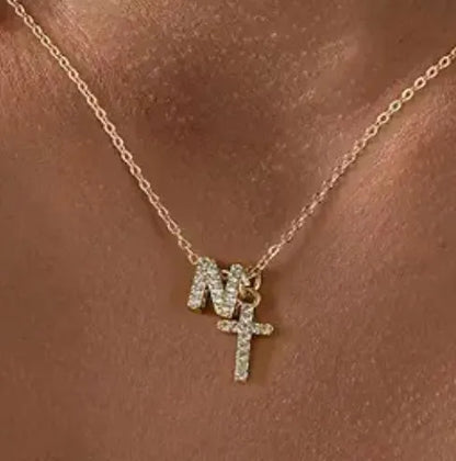 A-Z zircon inlaid letter necklace on a copper regular chain with electroplated finish