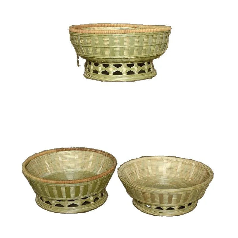 Handmade bamboo storage basket with woven design in 26x8cm, 25x9cm, and 24x12cm sizes on a wooden table
