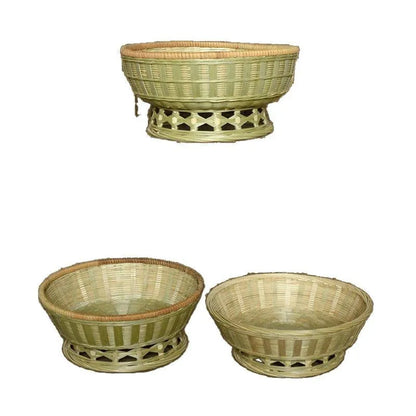 Handmade bamboo storage basket with woven design in 26x8cm, 25x9cm, and 24x12cm sizes on a wooden table