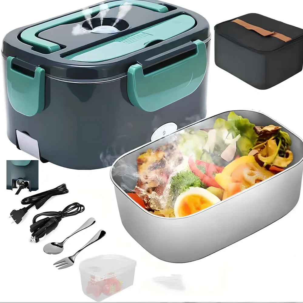 Large 1-2L insulated electric lunch box in silver gray with 304 stainless steel interior and 220V adapter for home car heating