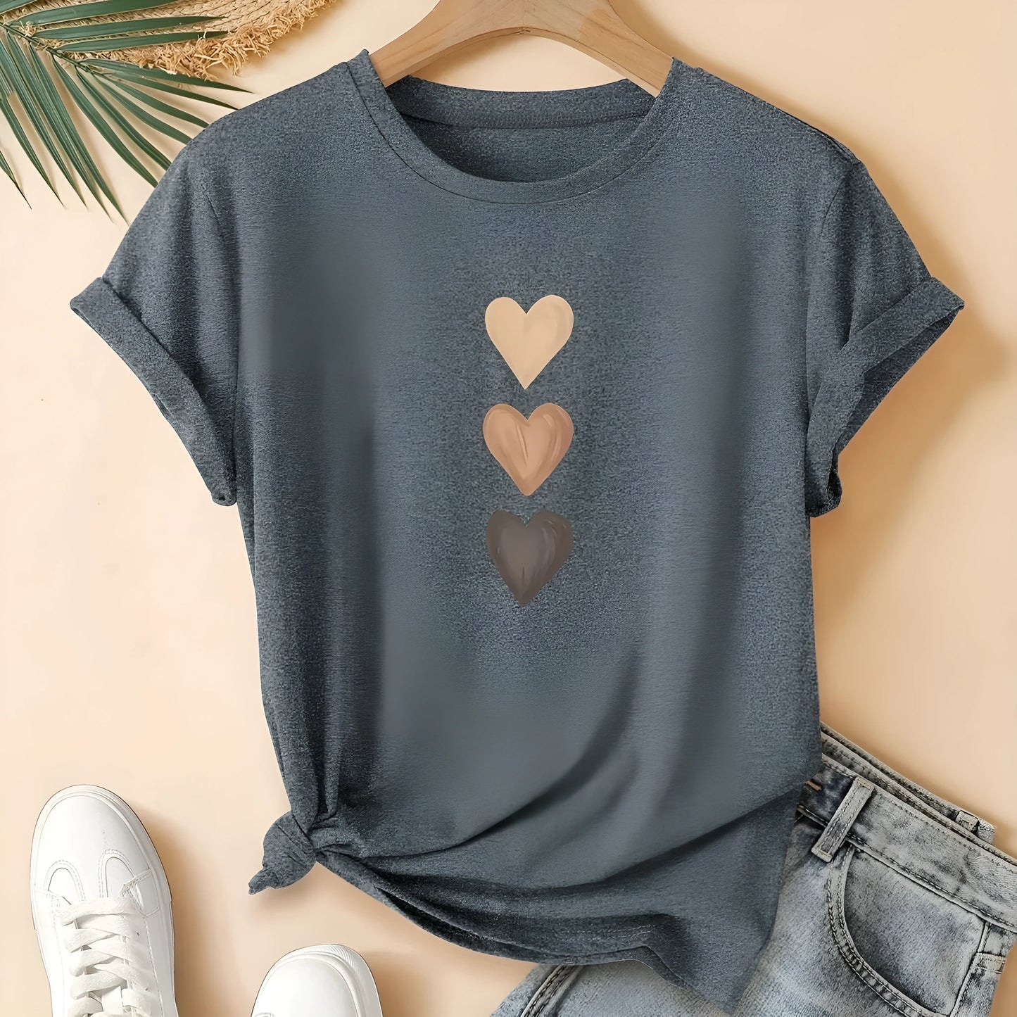 Women's dark gray pure cotton T-shirt with three heart art retro print, short sleeves and round neck.