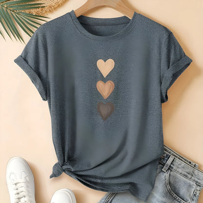 Women's dark gray pure cotton T-shirt with three heart art retro print, short sleeves and round neck.