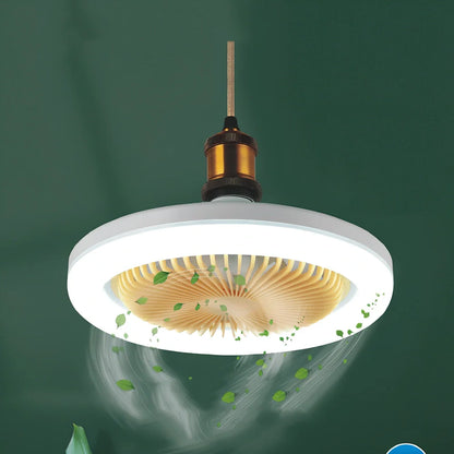 26cm round white ceiling fan with plastic blades and integrated LED light, remote control