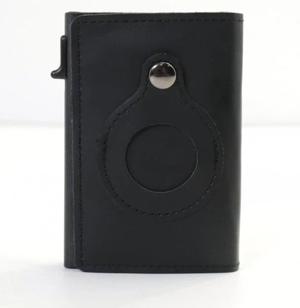 Slim leather wallet with built-in AirTag holder, featuring RFID-blocking technology and convenient card access