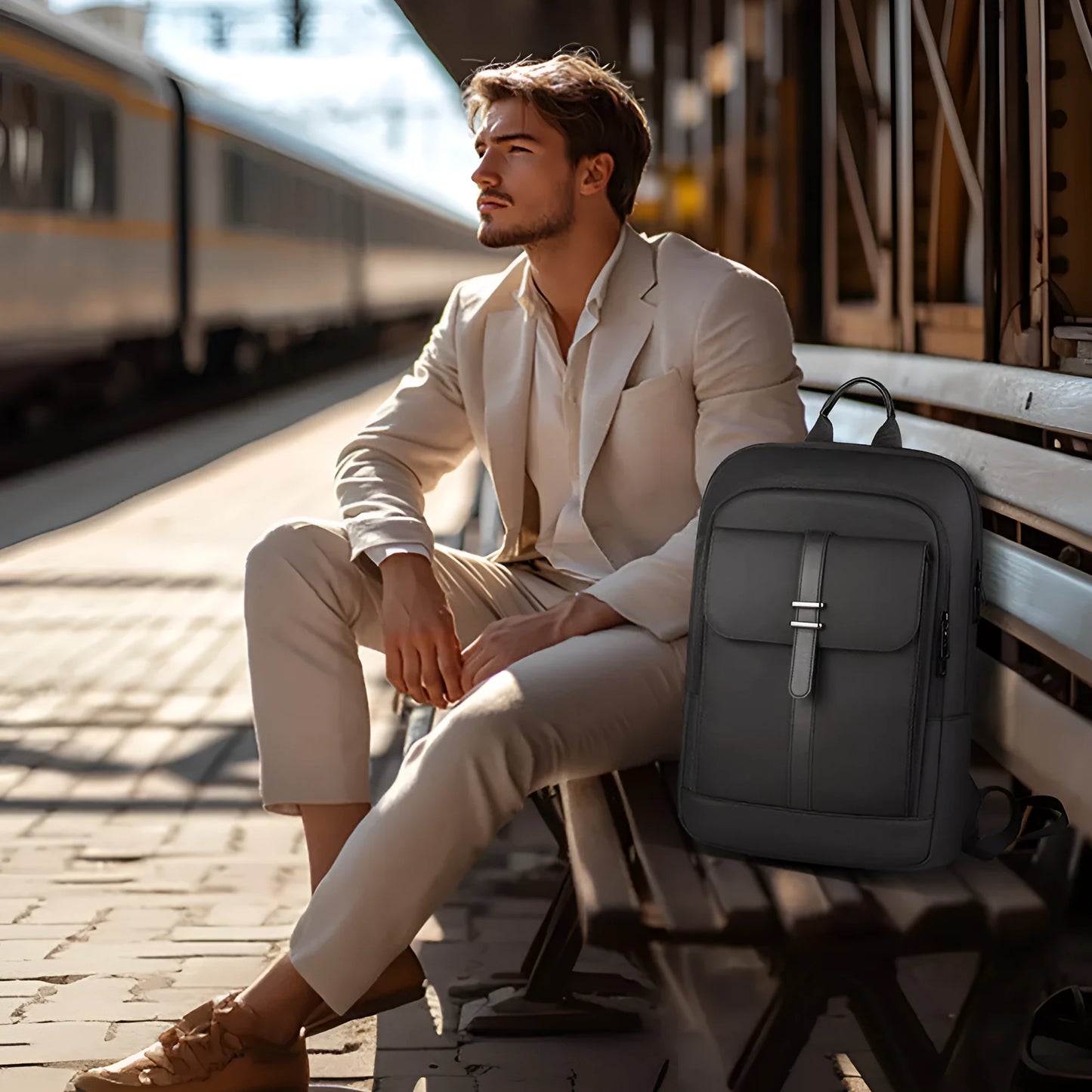 Black lightweight Oxford cloth backpack for business commute and daily use