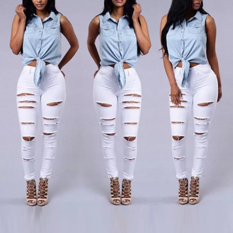 Women's high waist ripped skinny jeans in cotton, available in white and black