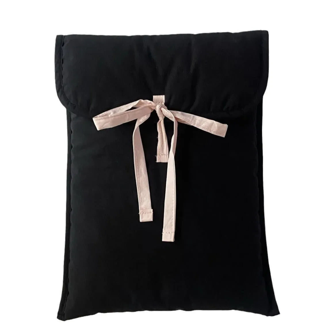 Women's black quilted laptop bag with striped pattern and ballet bow, showing smooth nylon interior