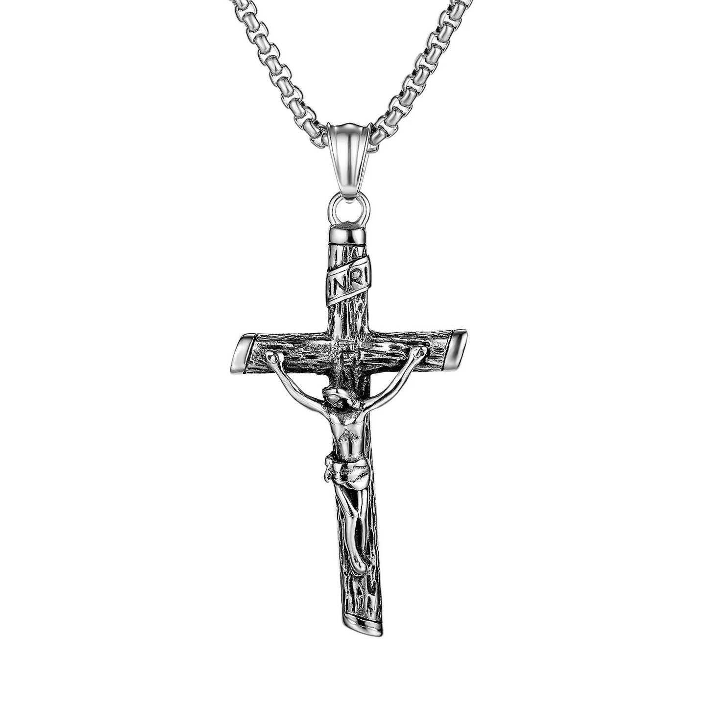 Mens adjustable titanium steel Jesus cross pendant necklace with pearl chain
