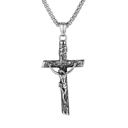 Mens adjustable titanium steel Jesus cross pendant necklace with pearl chain