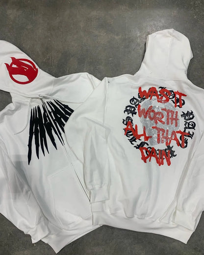 Black loose hooded sweatshirt with skull print and rhinestone design in cardigan style