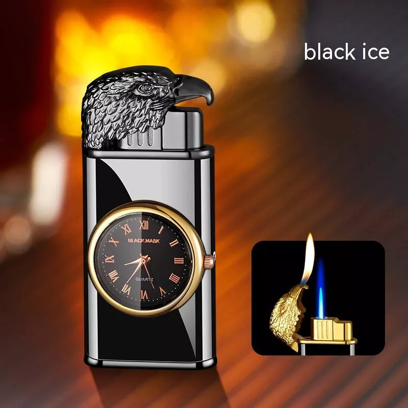 Eagle Head Double Fire Gas Lighter with watch plate design in Black Ice finish