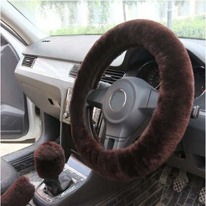 Plush winter car steering wheel cover set in six colours with matching brake and gear lever covers.