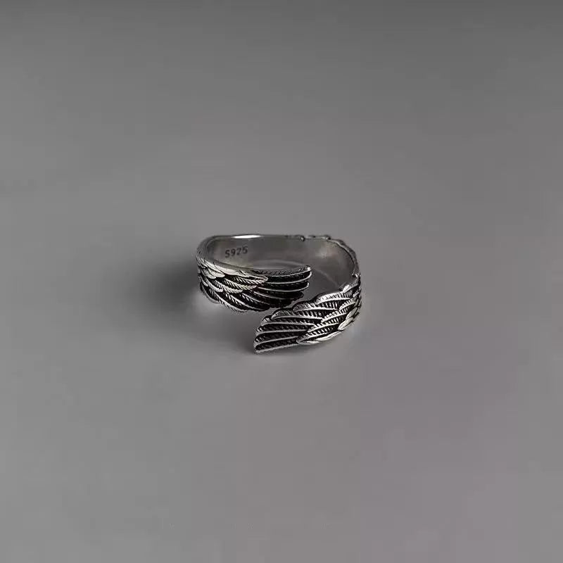 Love Couple Plain Silver Ring with angel wings design, vintage style jewelry