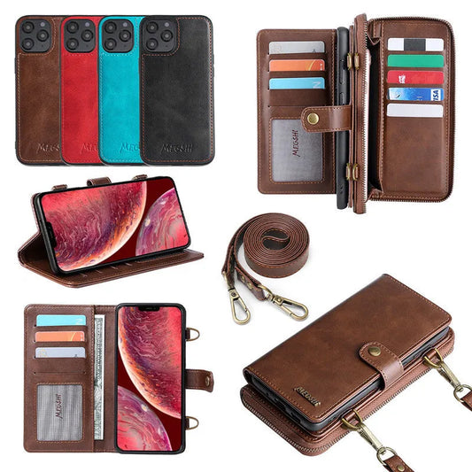 Detachable wallet backpack phone case in black, blue, brown, or red for iPhone and Samsung Galaxy models