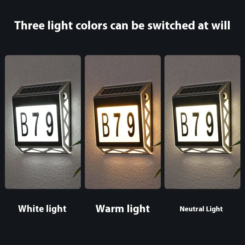 Solar powered outdoor doorplate light with waterproof housing and LED illumination