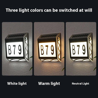 Solar powered outdoor doorplate light with waterproof housing and LED illumination