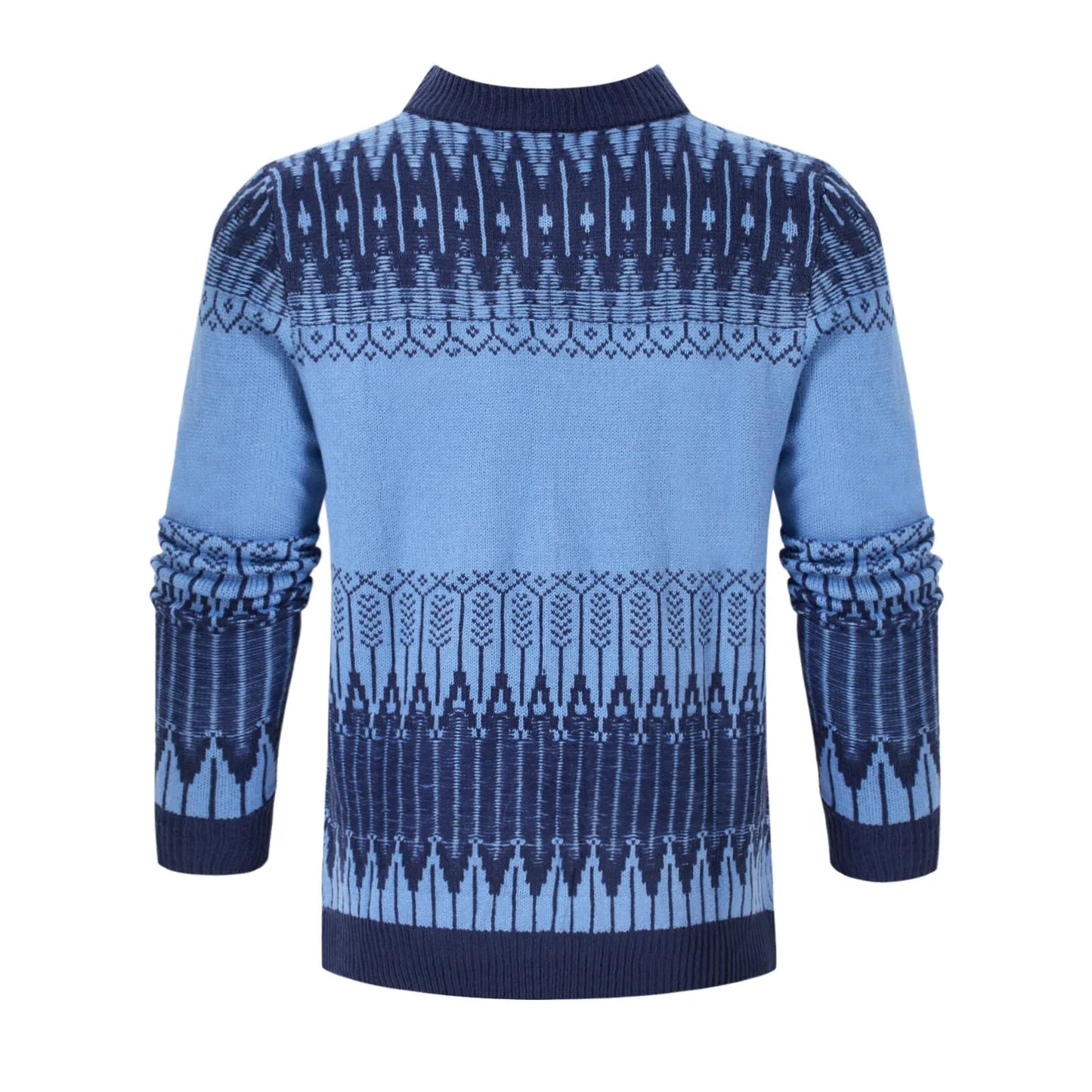 Men's grey cotton blend knitted pullover sweater with long sleeves on a hanger.