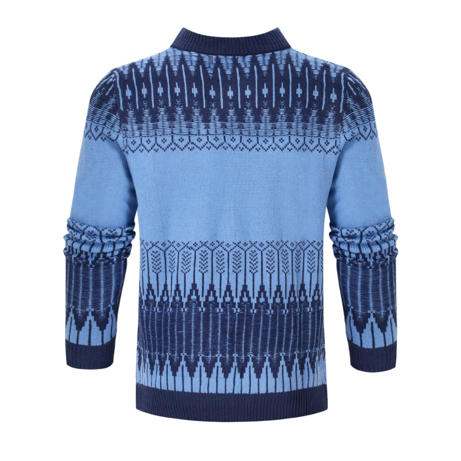 Men's grey cotton blend knitted pullover sweater with long sleeves on a hanger.