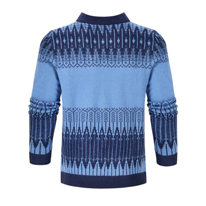 Men's grey cotton blend knitted pullover sweater with long sleeves on a hanger.