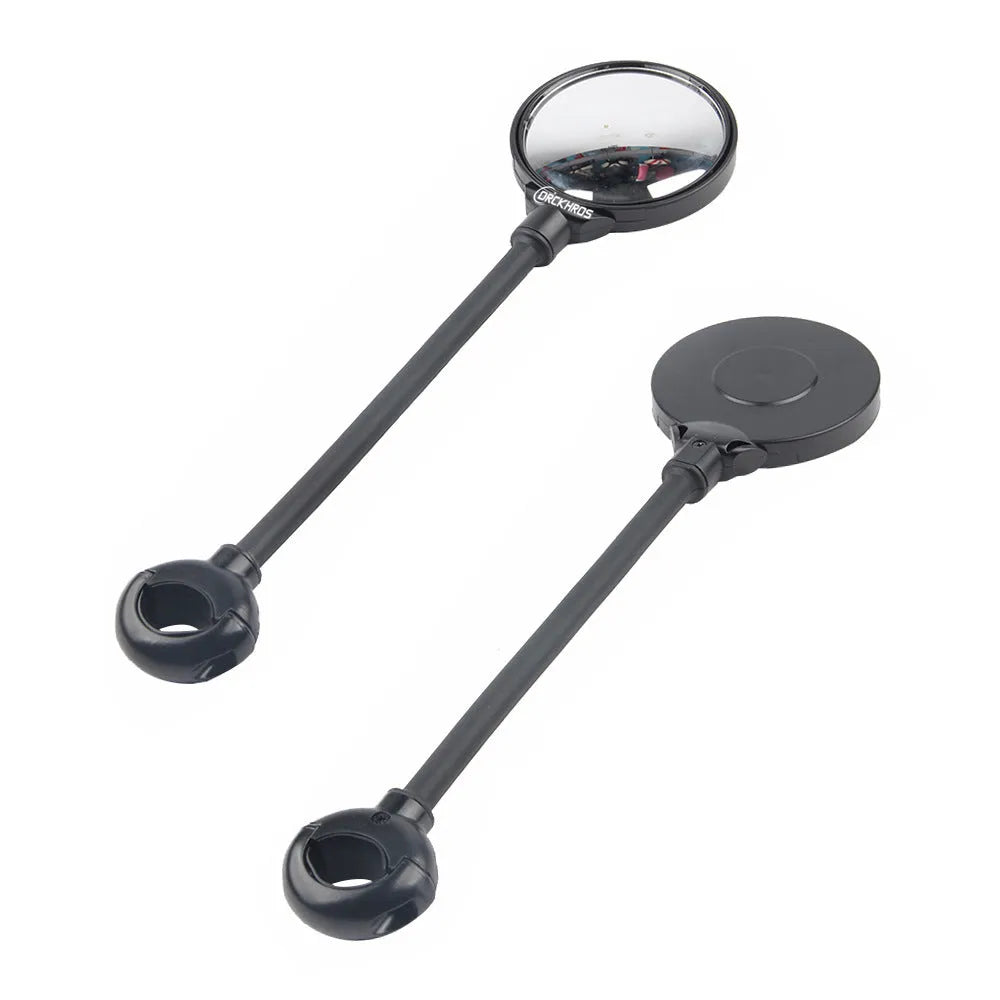 Black metal bicycle rearview mirror with hose clamp adjustment mounted on helmet, two-pack configuration