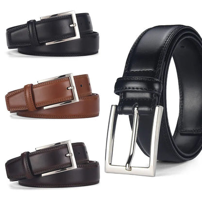 Men's black leather belt with a silver alloy pin buckle laid flat showing its length and width