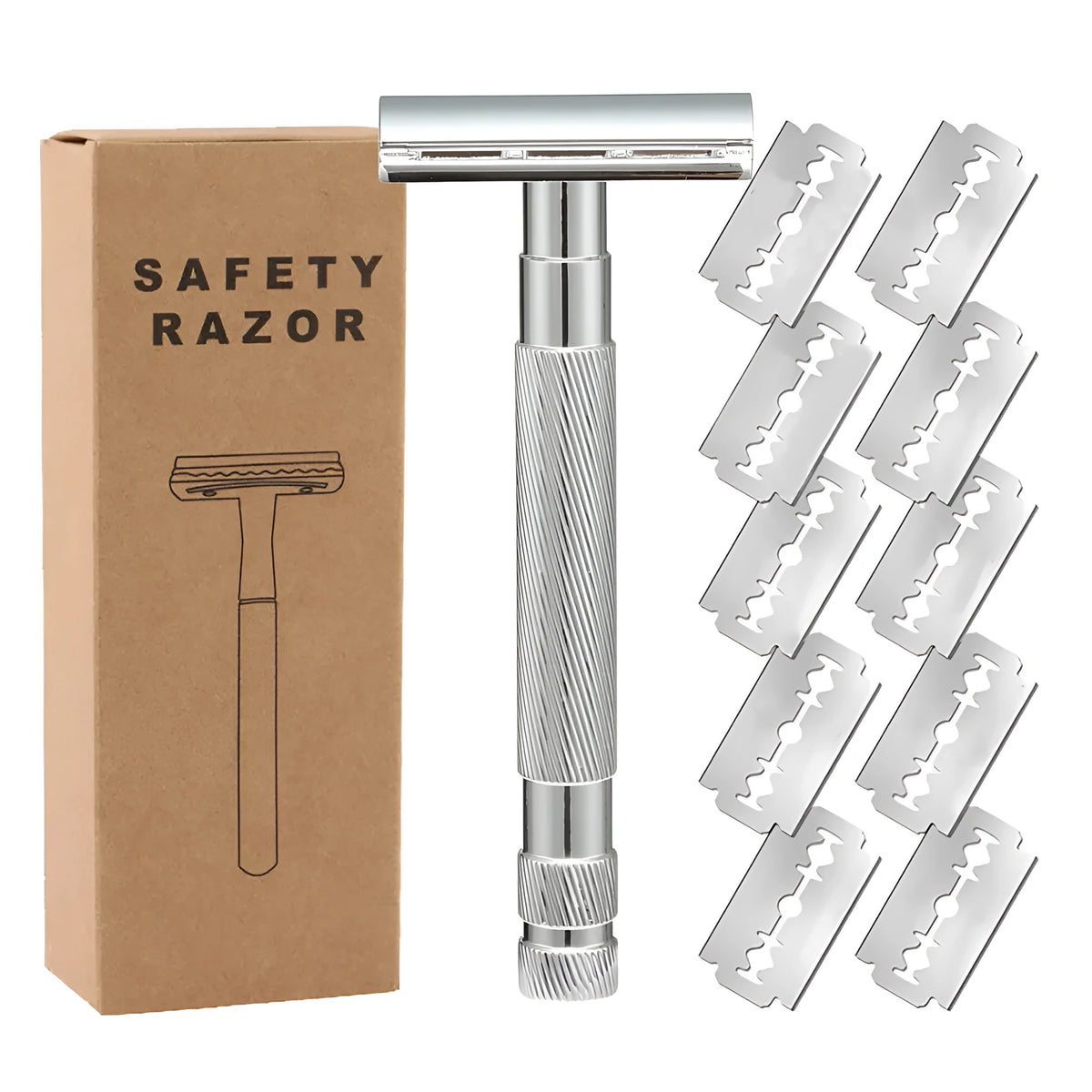 Traditional alloy double-edged safety razor with replaceable blades in choice of colours including black, silver, and rose gold.