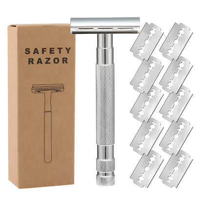 Traditional alloy double-edged safety razor with replaceable blades in choice of colours including black, silver, and rose gold.