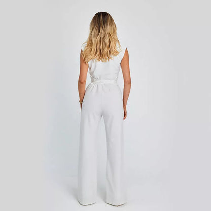 Women's sleeveless V-neck jumpsuit in black, white, or khaki with wide leg design