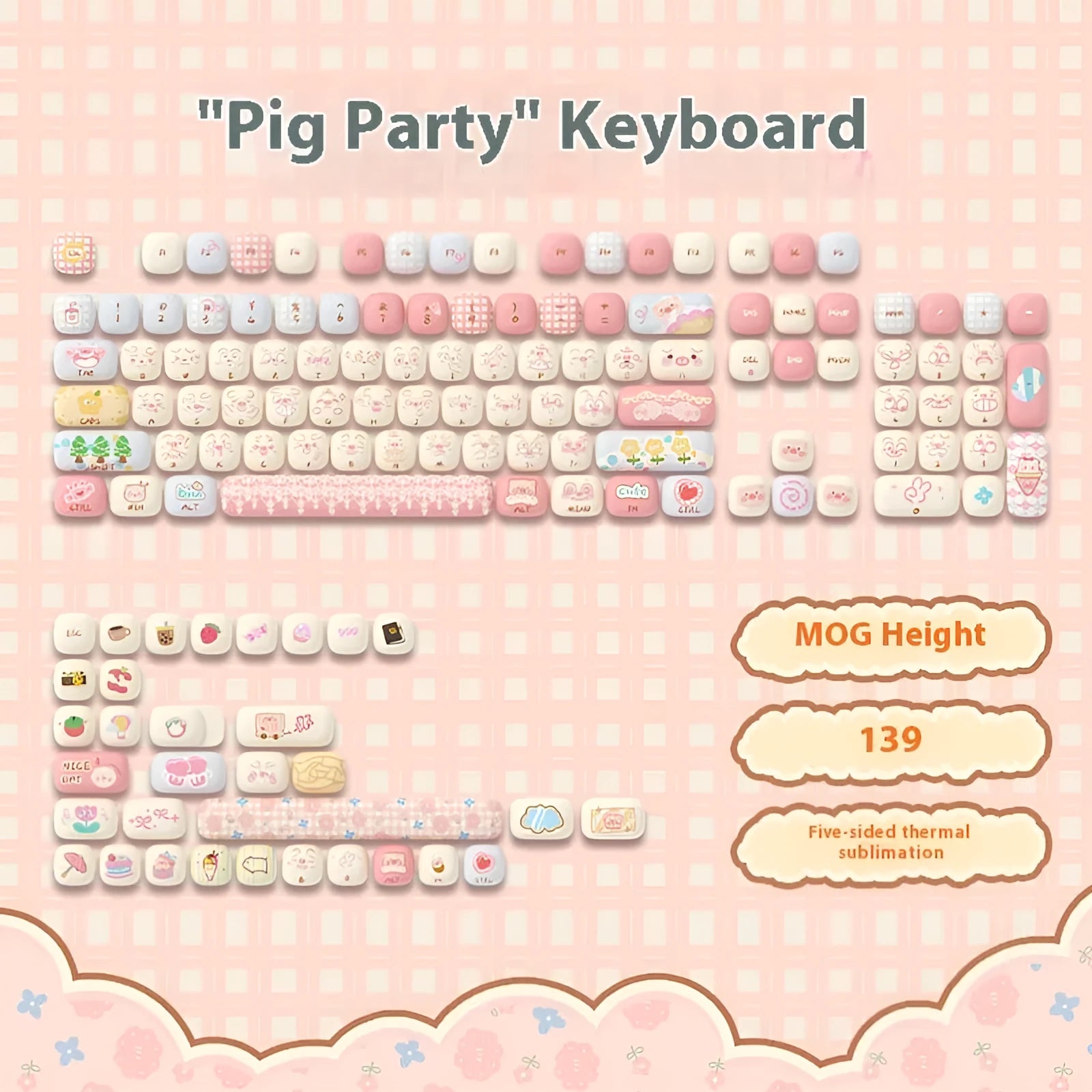 Sublimation printed cartoon pig party theme mechanical keyboard keycap full set on a keyboard