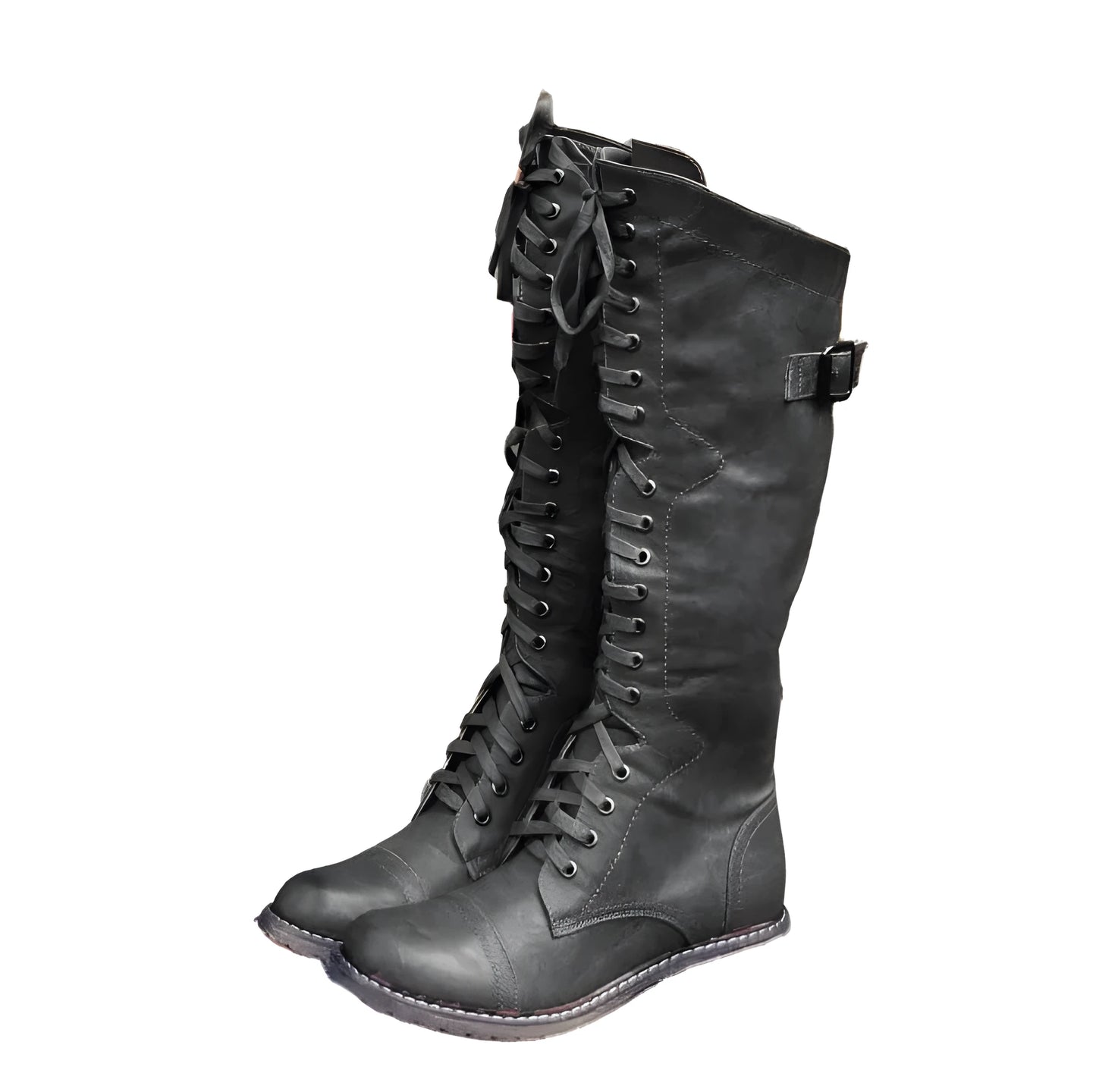 Women's black knight ankle boots with a cross strap fastening detail.