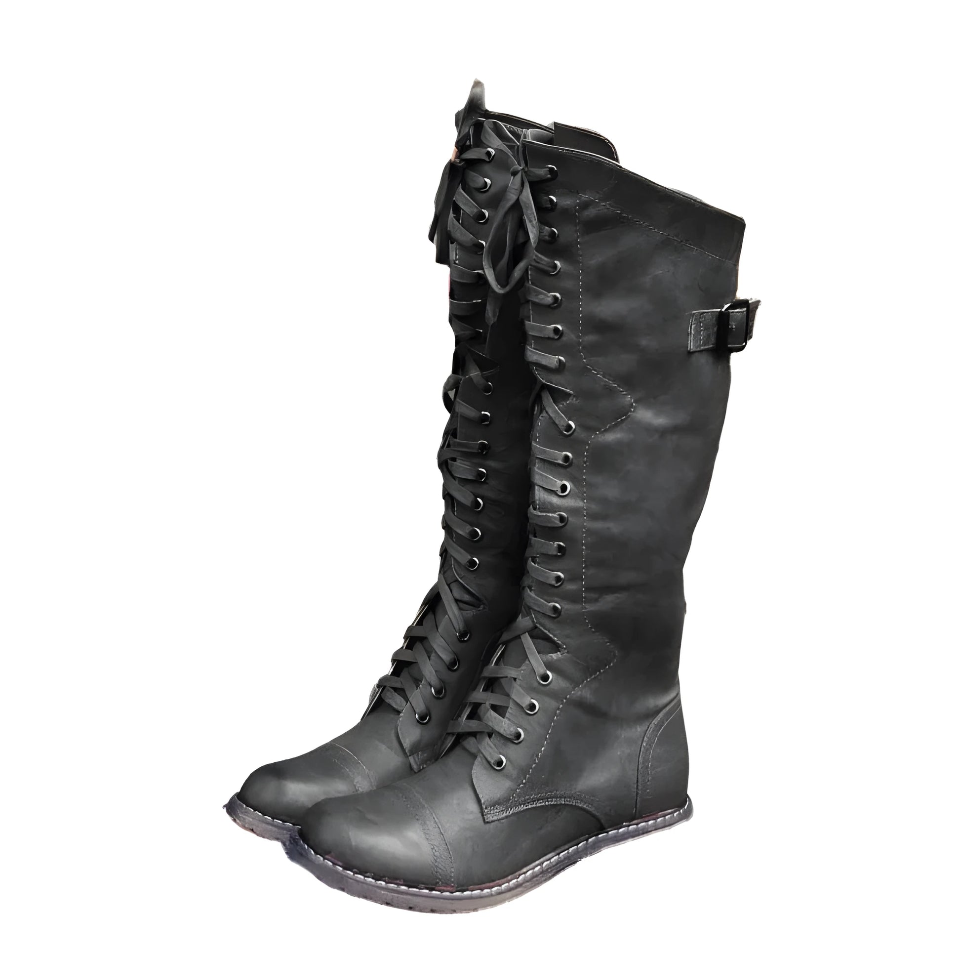 Women's black knight ankle boots with a cross strap fastening detail.