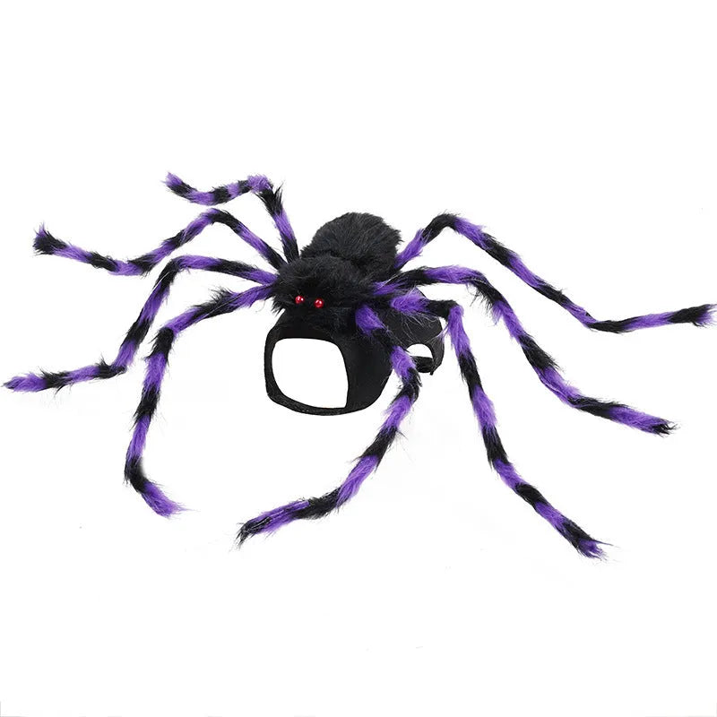 Halloween big spider pet costume for dogs and cats in grey, brown, black, or purple with adjustable sizes