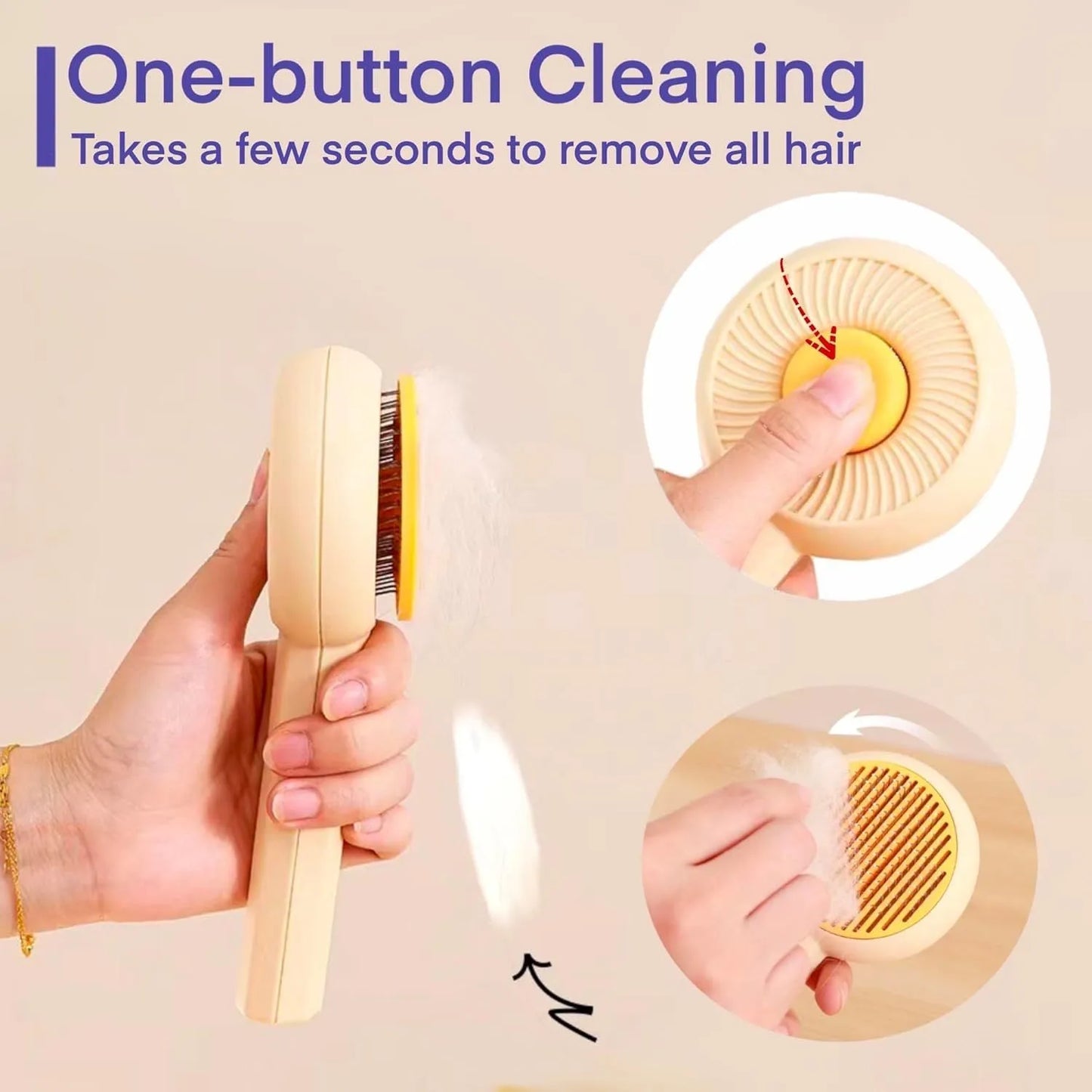 Blue and yellow self-cleaning pet grooming brush with angled metal needles and a push-button on the handle.