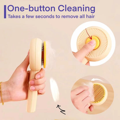 Blue and yellow self-cleaning pet grooming brush with angled metal needles and a push-button on the handle.